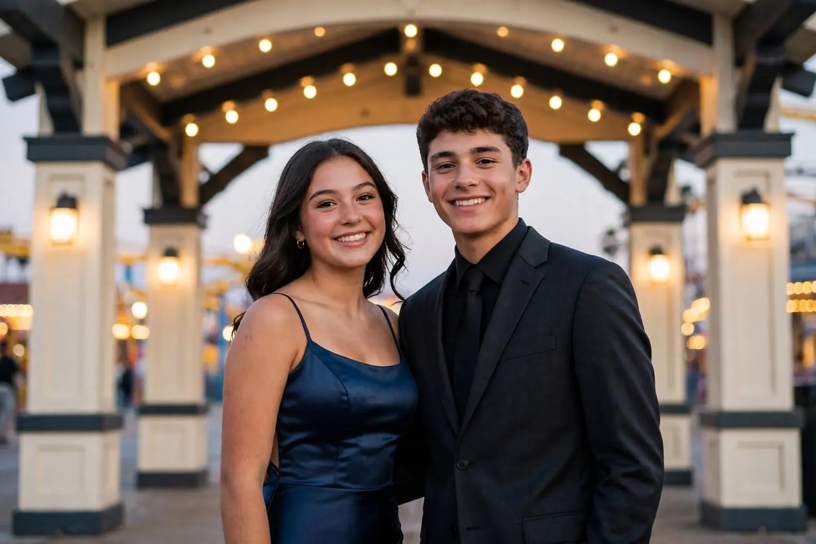 A teenage couple dressed for prom smile together under the lights at the Boardwalk
