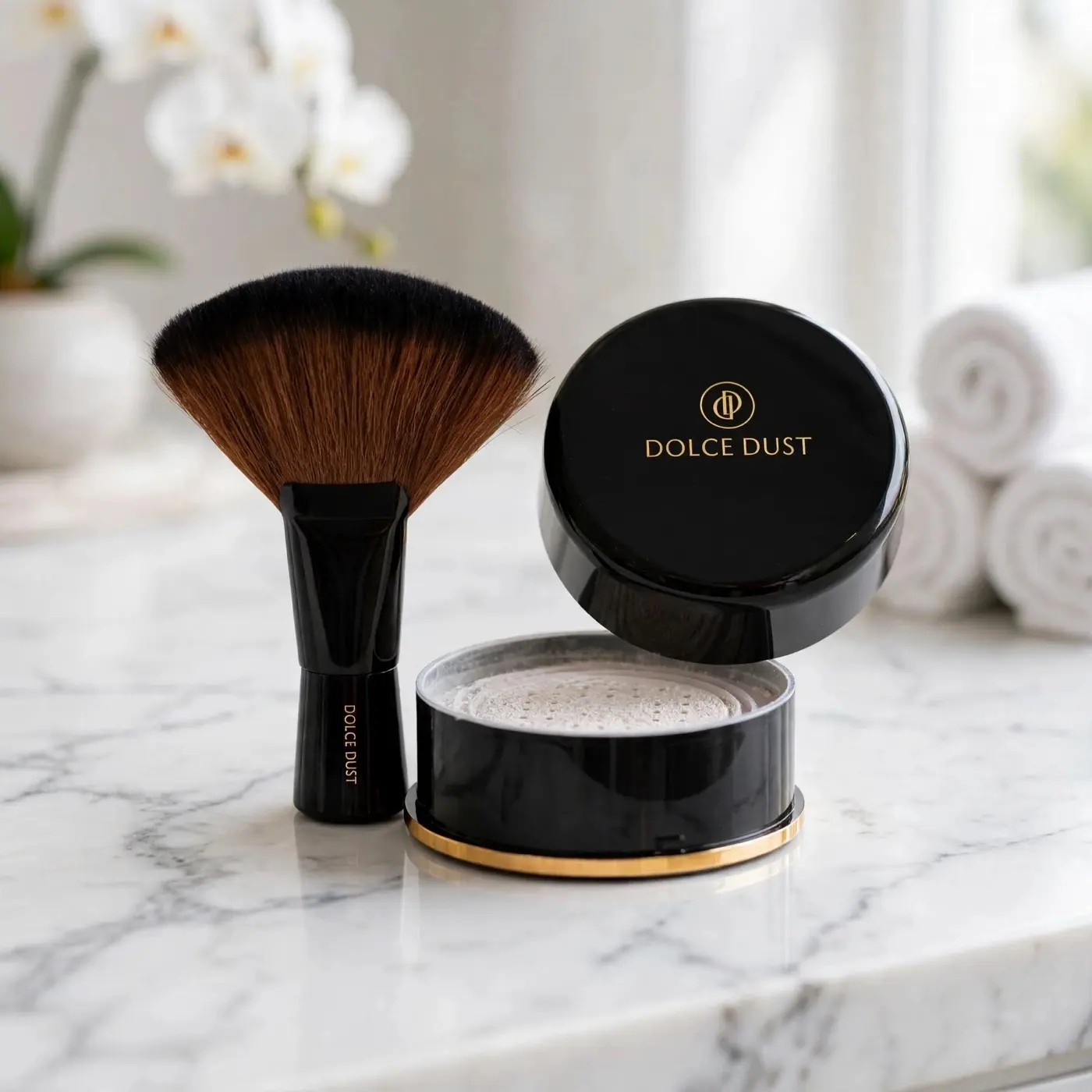 A fan brush beside an open jar of Dolce Dust finishing powder on marble