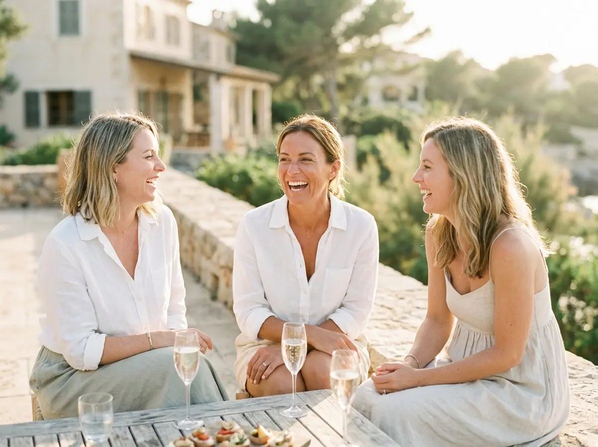 Three women in white relax by the sea on a sunny morning