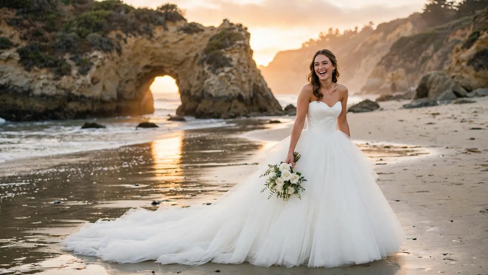 A bride in a strapless ball gown laughs on the beach by the sea arch at sunset, her bouquet in hand