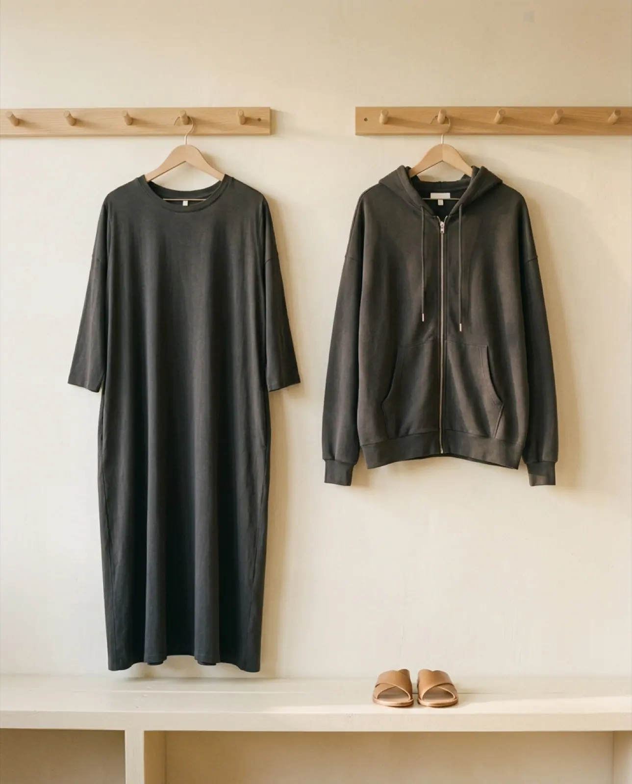 A loose, dark T-shirt dress and an oversized zip hoodie hang on wall pegs above a pair of slides
