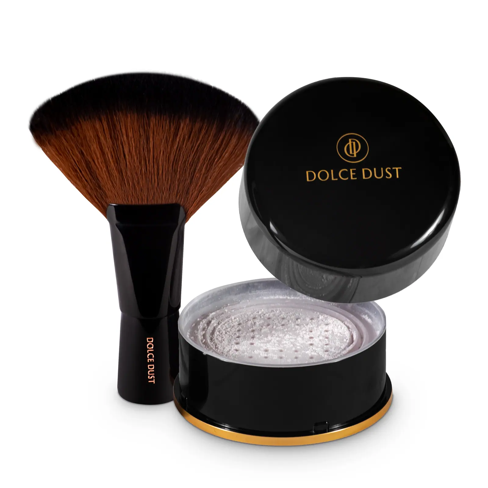 The Dolce Dust brush beside an open jar of finishing powder