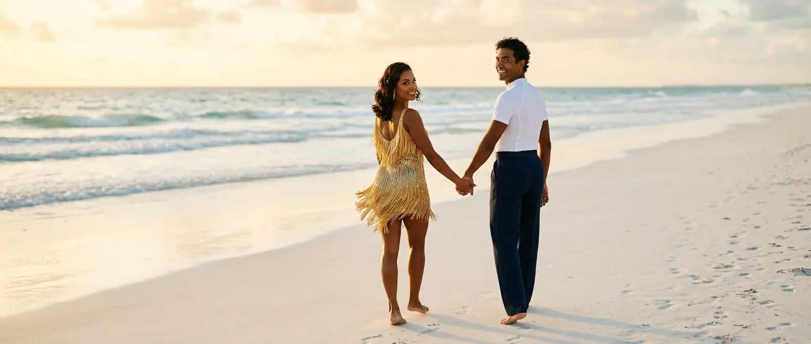 Two ballroom dancers in competition costume walk hand in hand along a white-sand beach at golden hour and look back over their shoulders, both with a deep, even tan