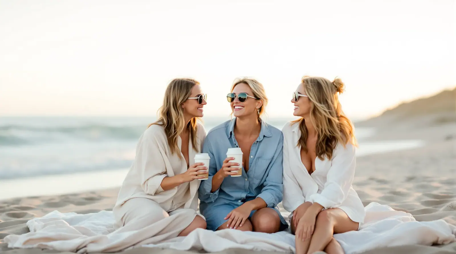 Three friends share coffee on a beach blanket by the sea
