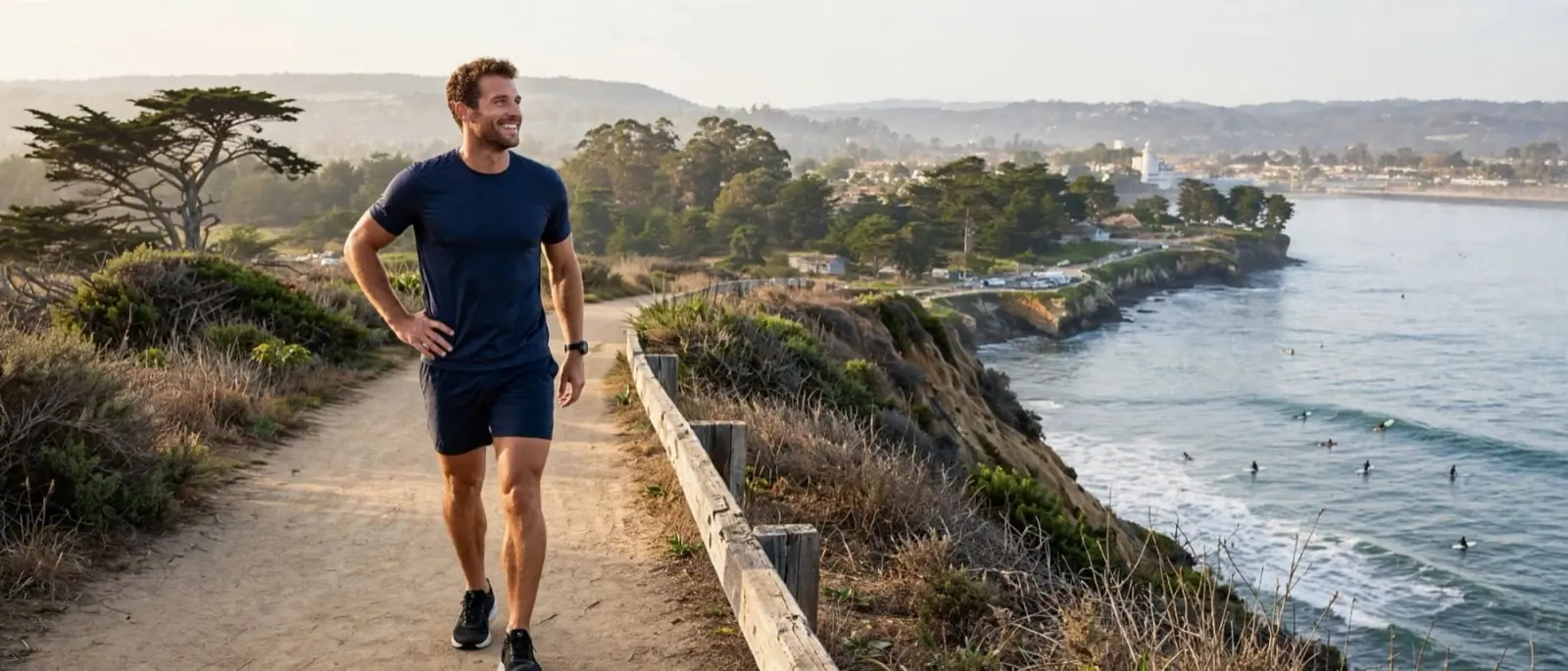 A man in a navy tee and running shorts jogs the West Cliff path above the water