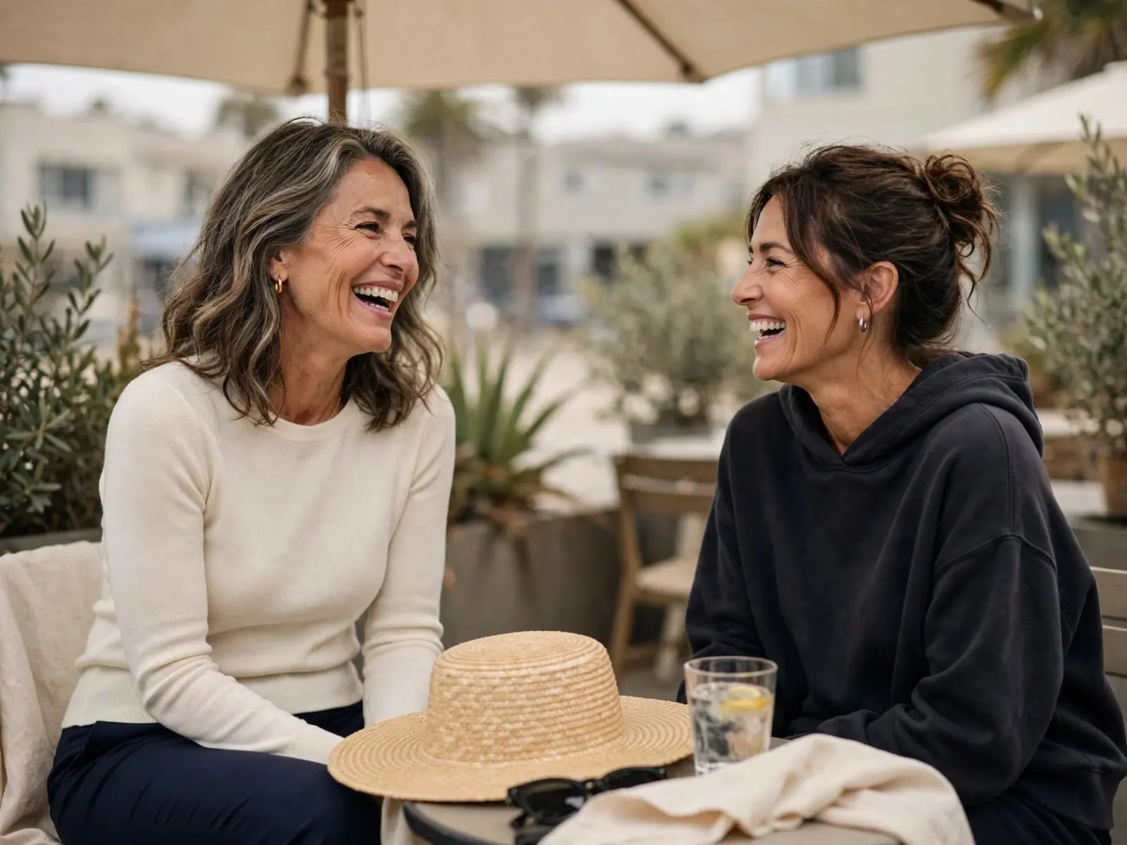 Two friends laugh at a café table under an umbrella, a straw hat between them