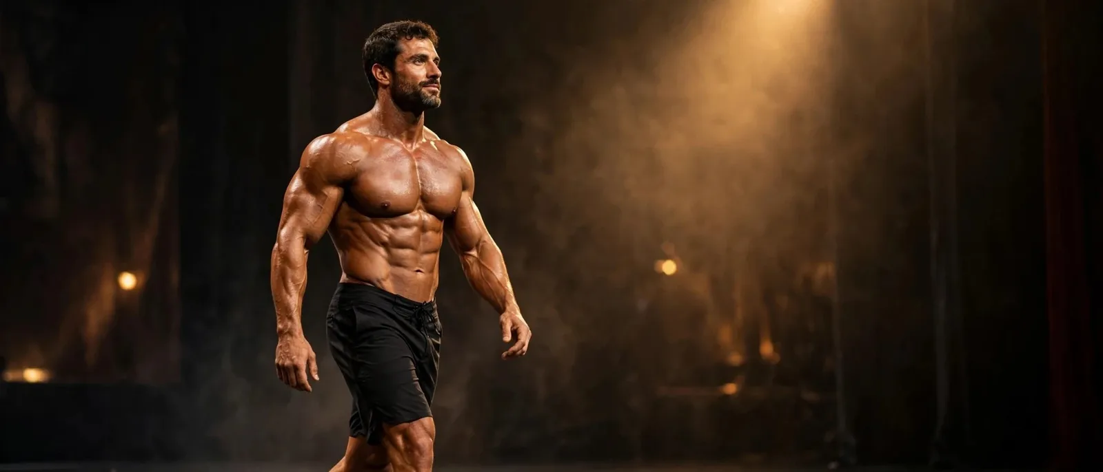 A man with a deep, even tan walks across a dark stage in black shorts, lit from the side