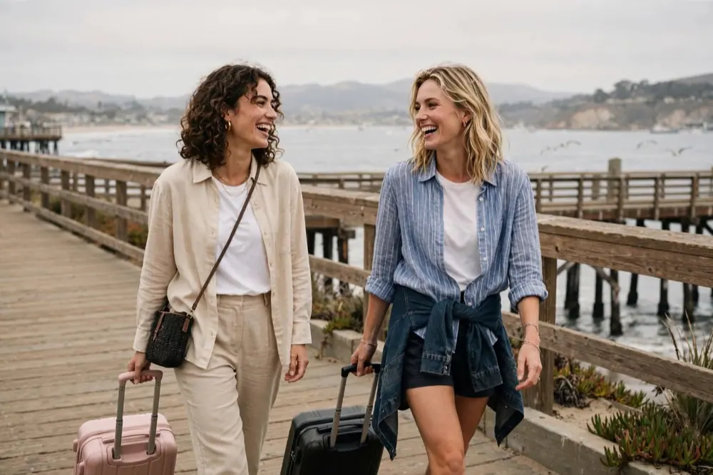 Two friends with rolling suitcases laugh together on the wharf