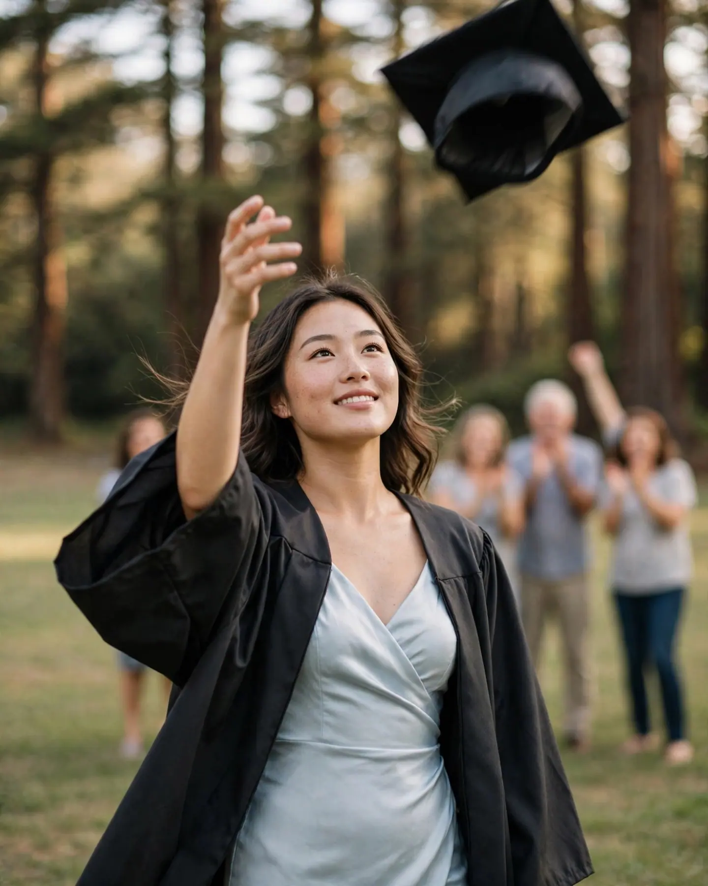 A graduate tosses her cap into the air under tall trees while her family cheers behind her