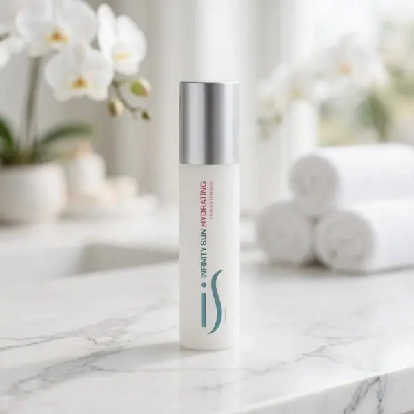 A bottle of Extend Hydrating Serum on a marble counter