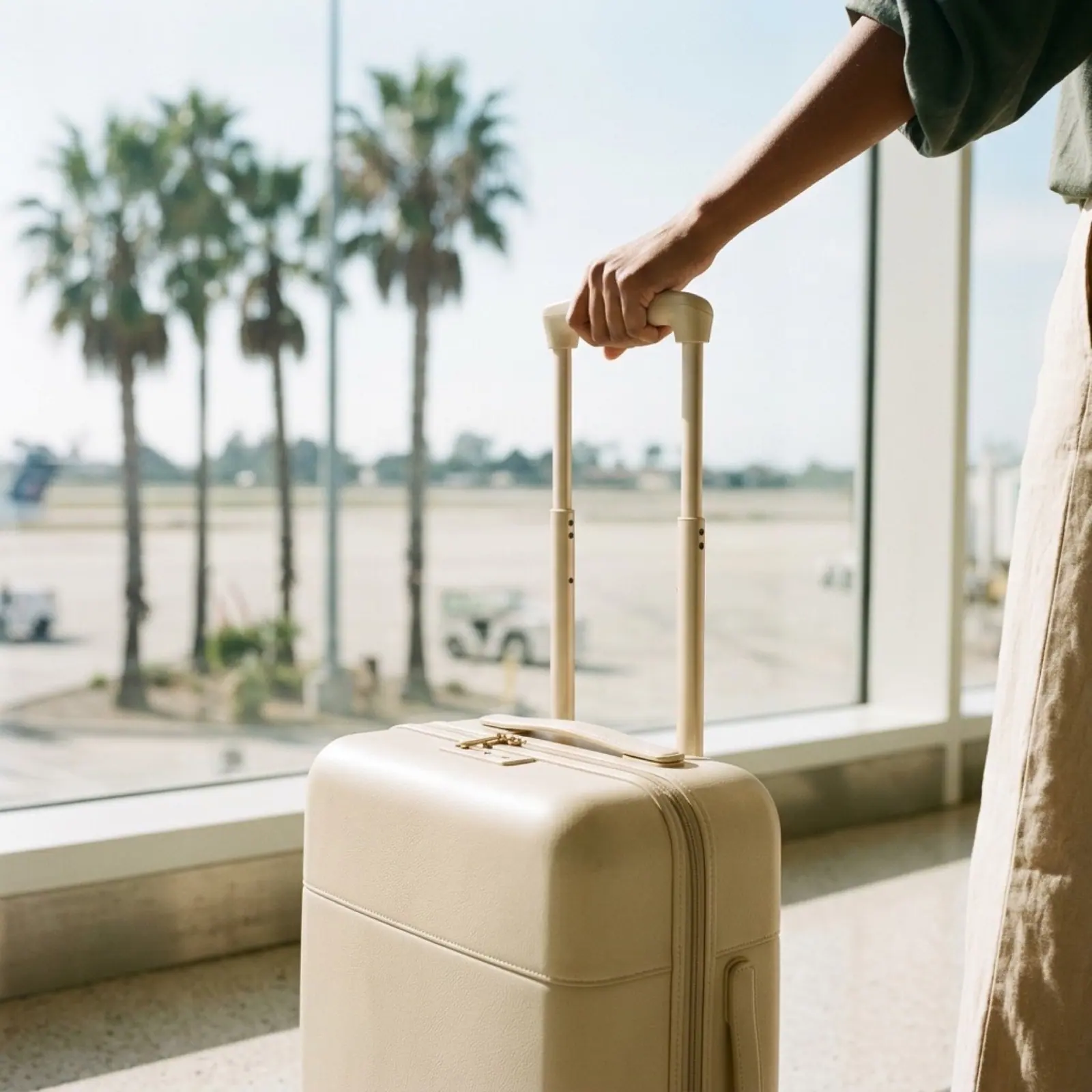 A traveler sets a cream suitcase down by a sunlit window overlooking palms and the sea