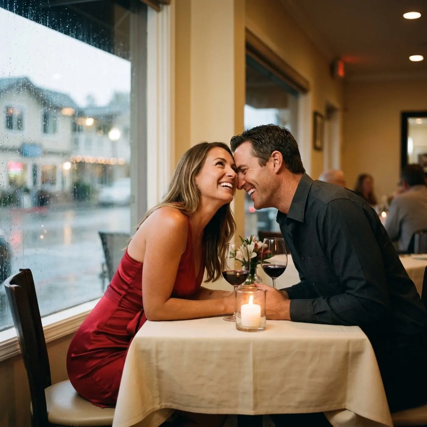 A couple laughs close together over red wine at a candlelit window table on a rainy evening