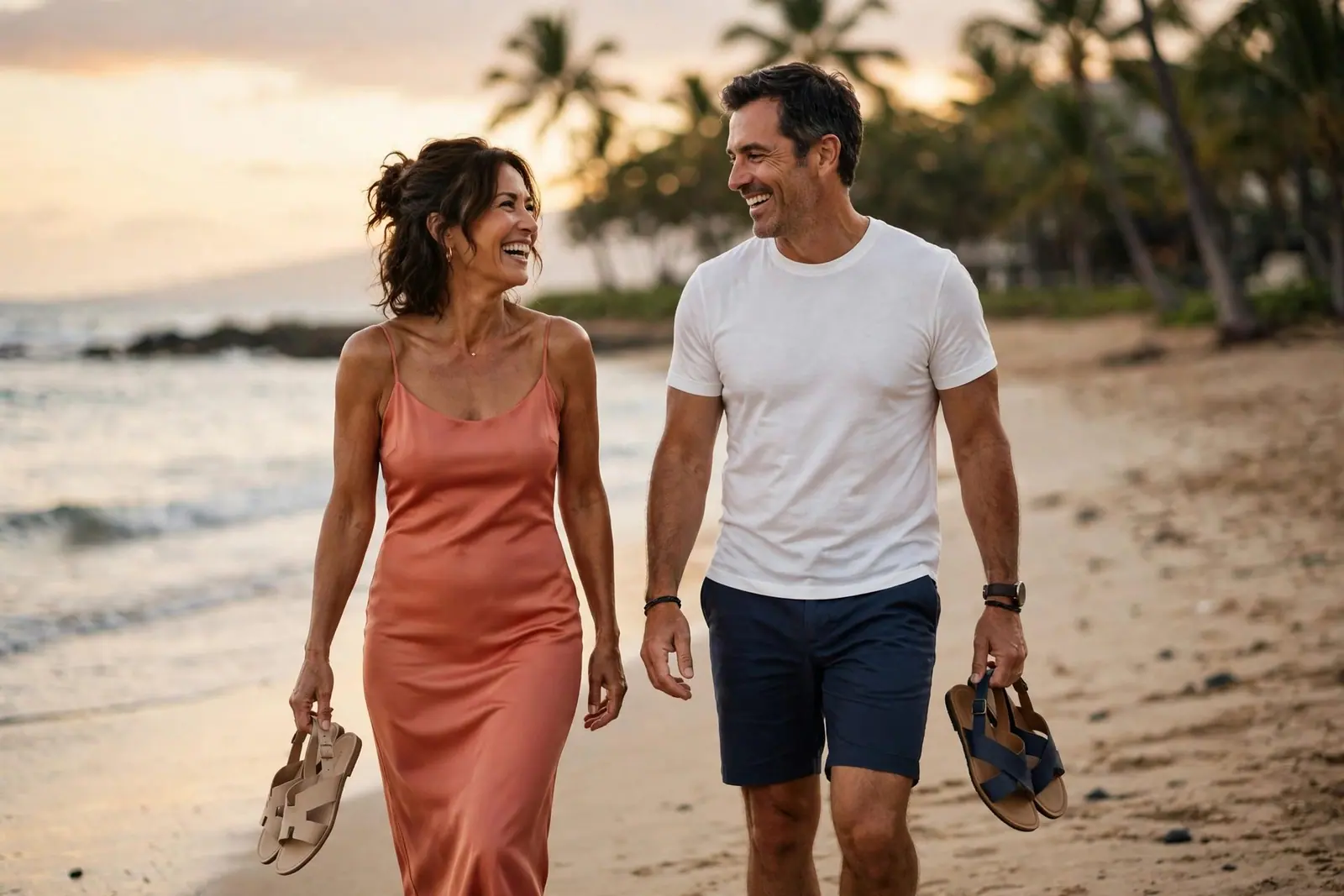 A couple walks barefoot along the beach at sunset, her coral dress and his white tee warm in the low light