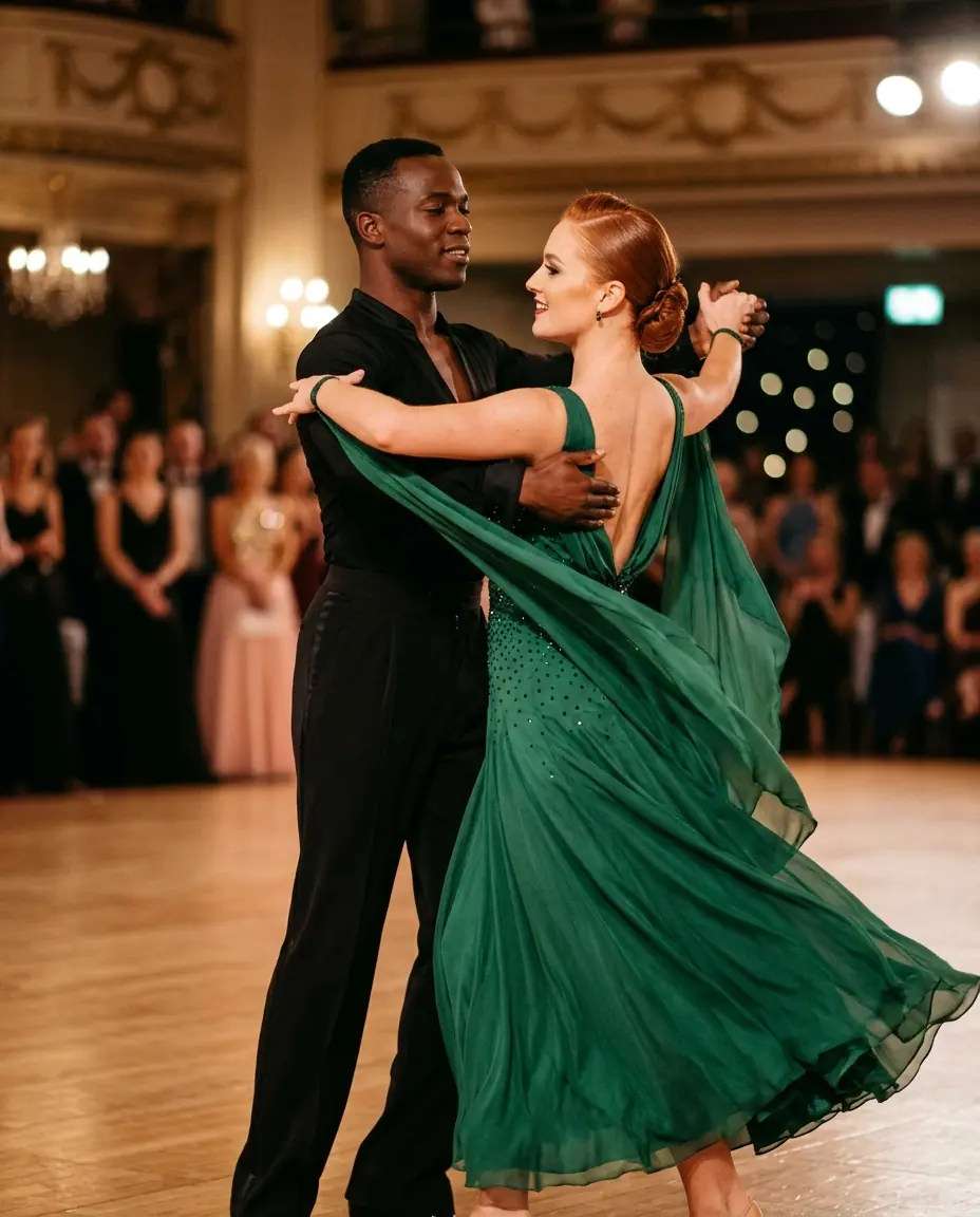 A ballroom dancer in a black shirt and his redheaded partner in an emerald gown turn mid-waltz on a polished floor, an audience behind them, both with a deep, even tan