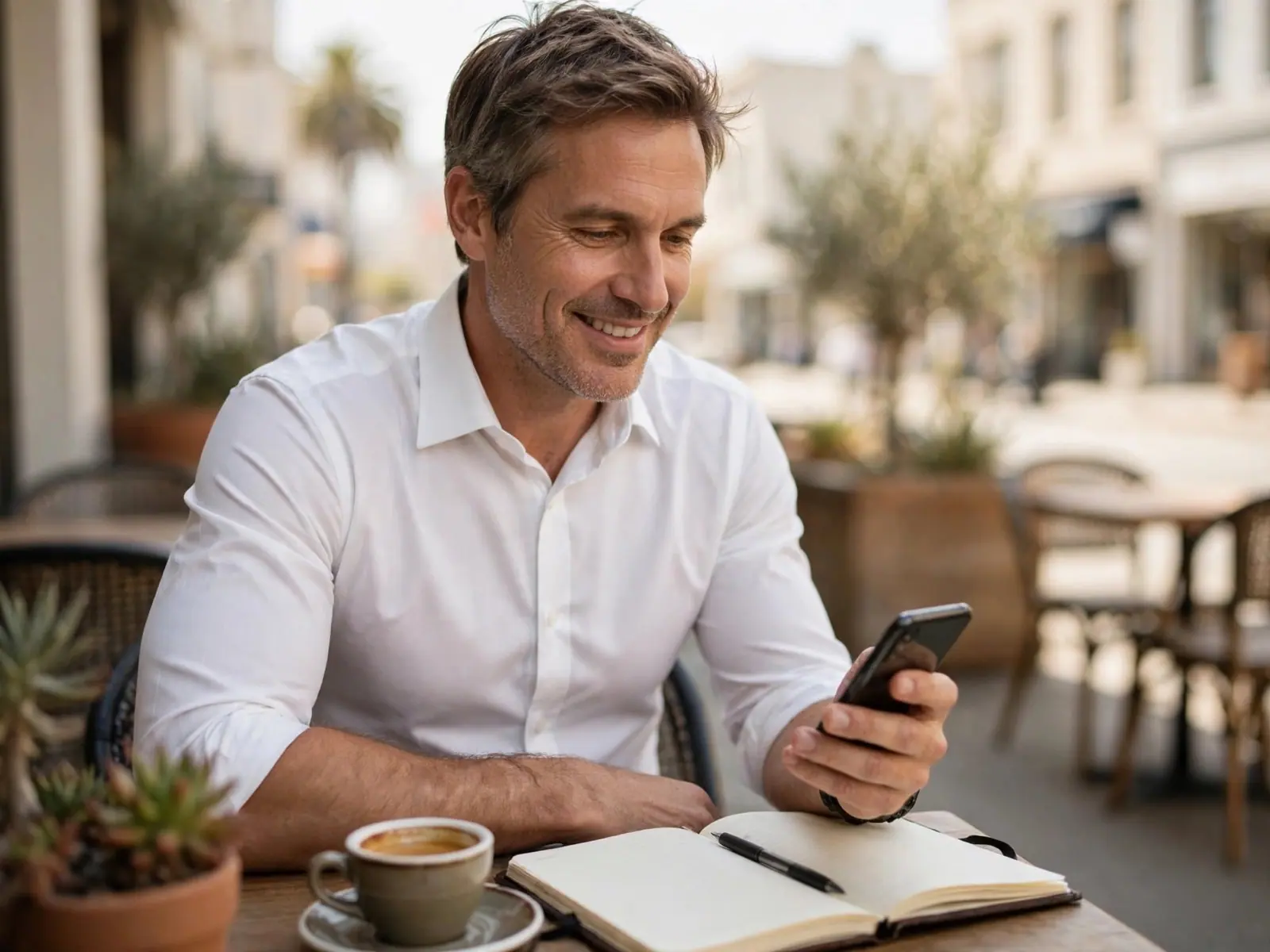 A man in a white shirt smiles at his phone at a sunny café table