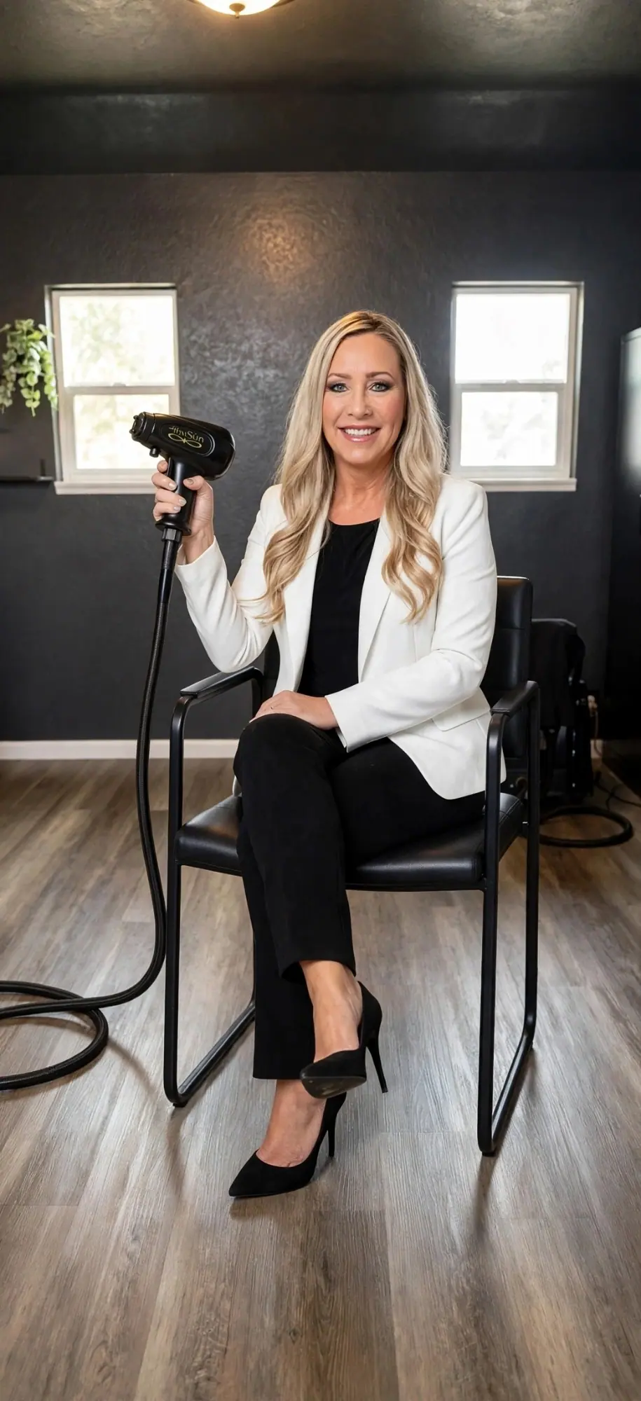 Jana seated in the deSoleil studio in a white blazer, holding up her Infinity Sun spray gun, its hose looped on the floor
