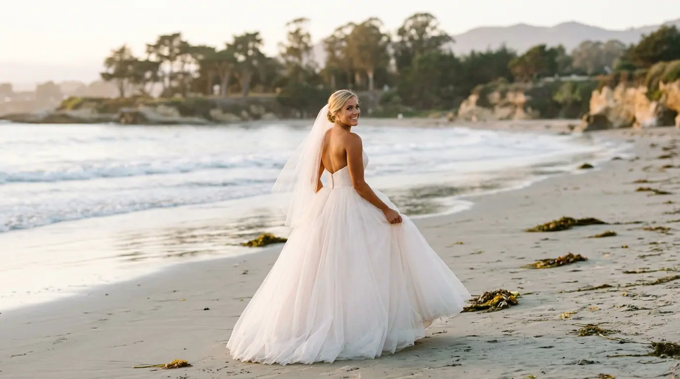 A bride in a strapless tulle gown and veil walks along the shore