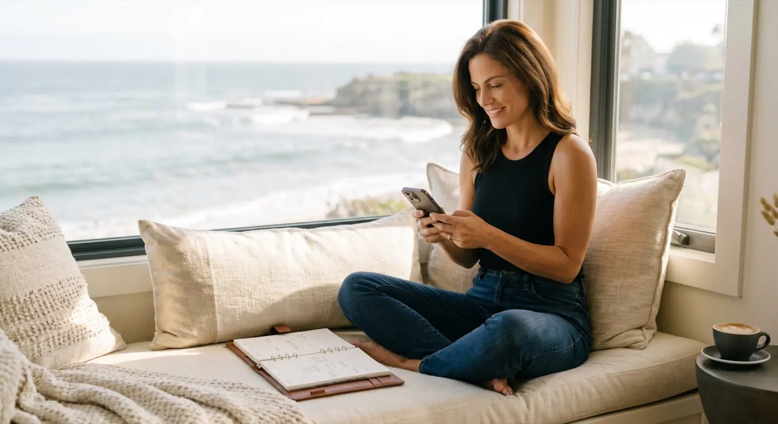 A woman in a black tank top relaxes on a window seat above the sea