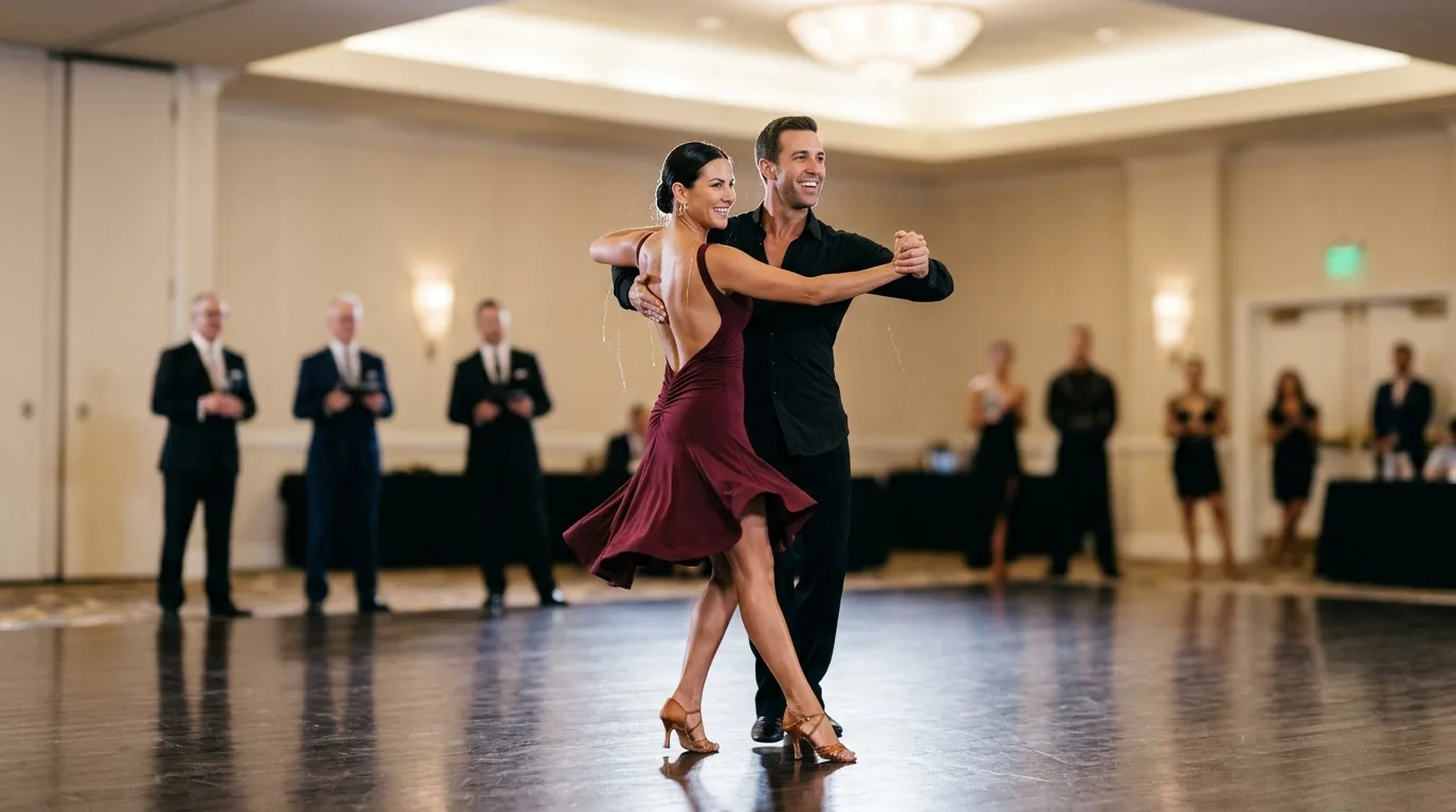 A couple dancing a ballroom routine in a warm, lit hall, both with a deep, even stage tan