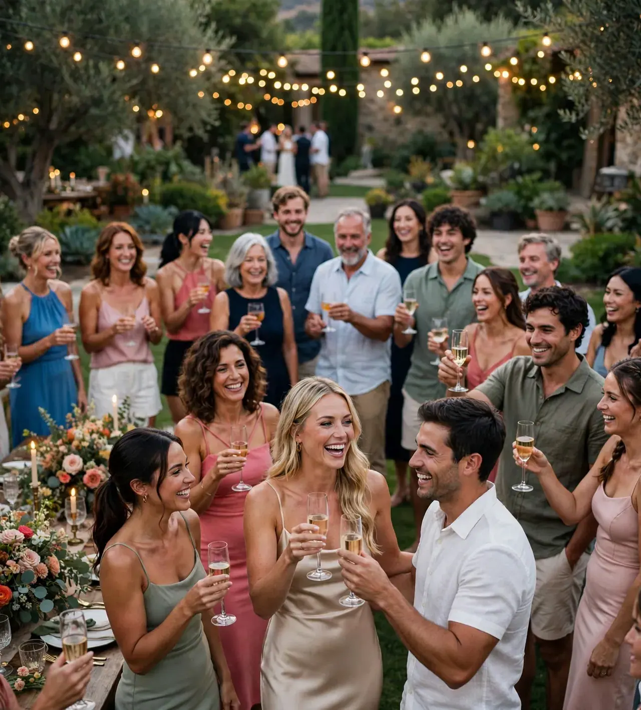 A big engagement party in a garden under string lights, friends and family raising their glasses around the laughing couple