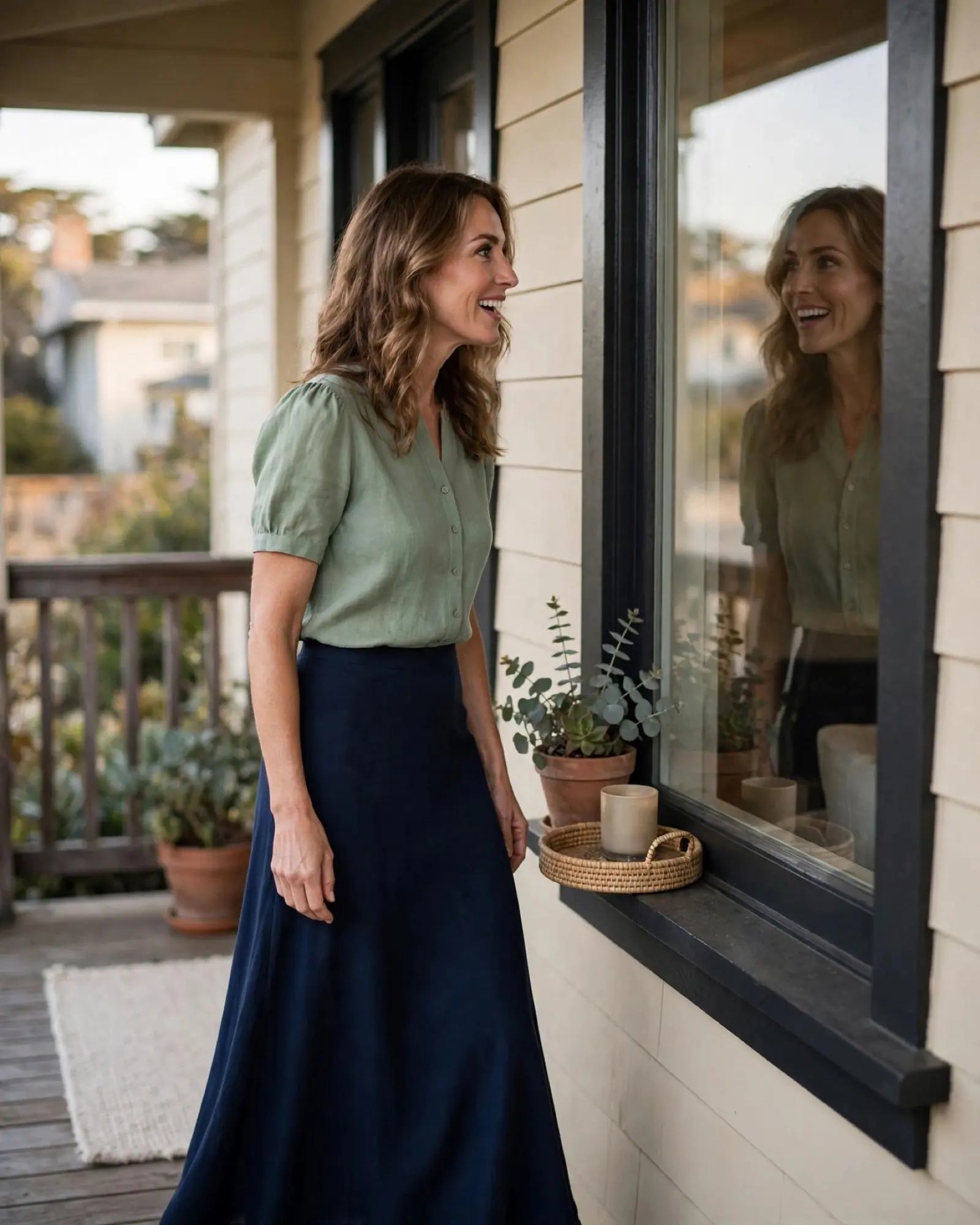 A woman catches her reflection in her front window on the way out and smiles at what she sees