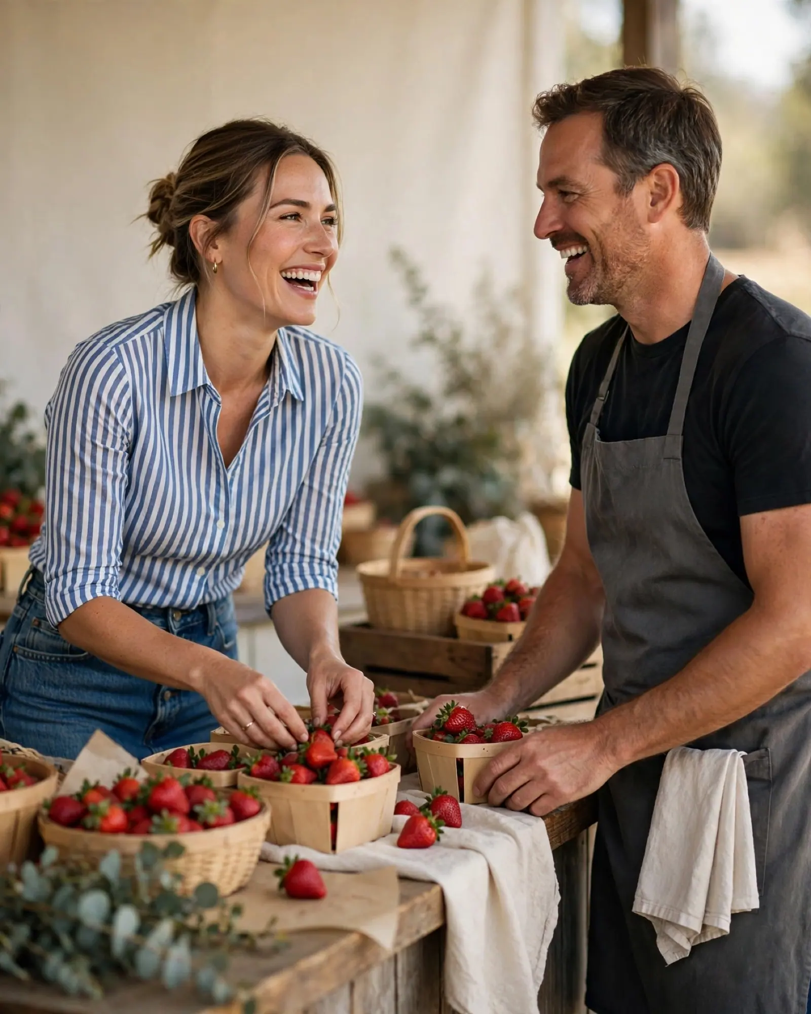 A woman laughs with the grower at a strawberry stall