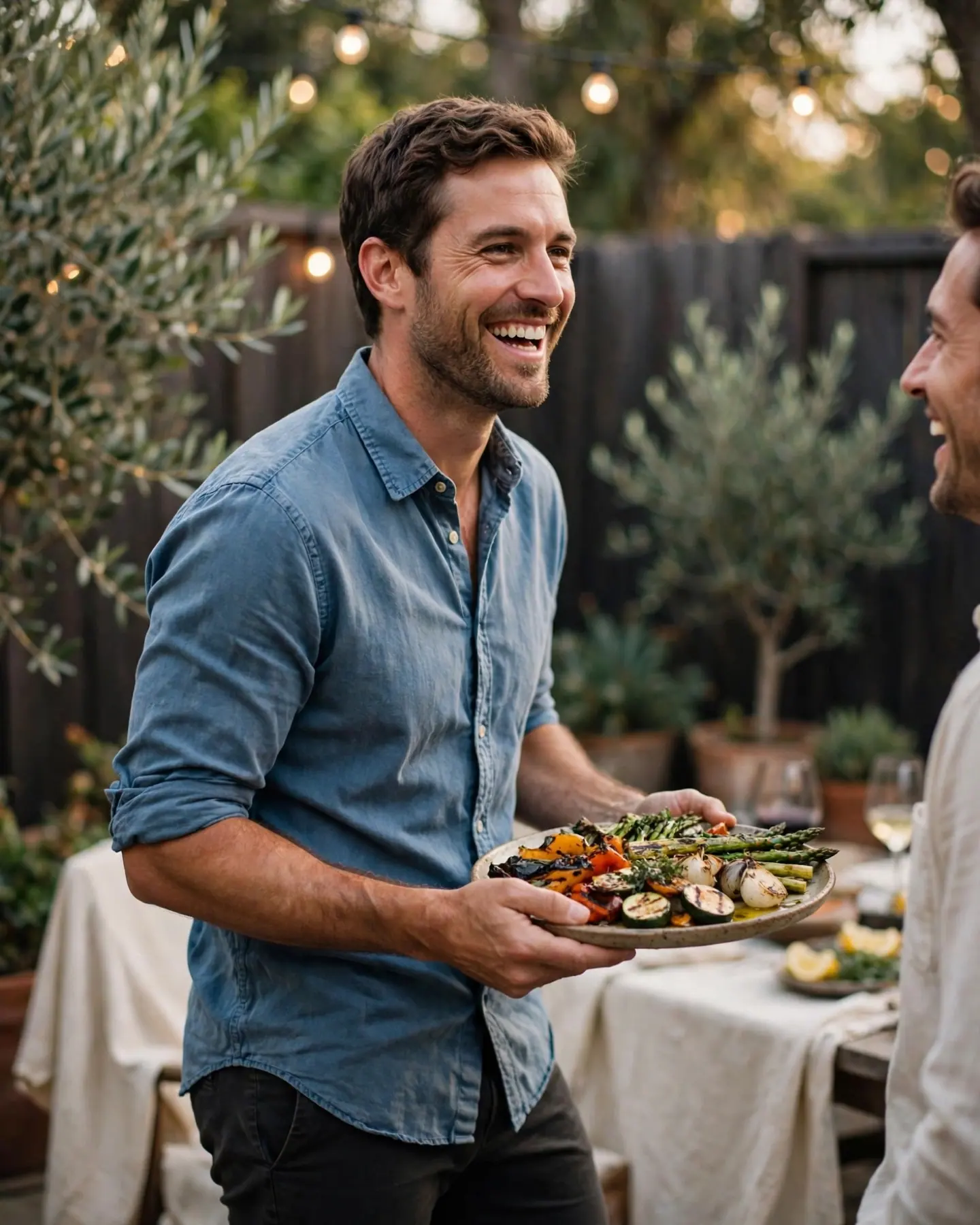 A man in a blue linen shirt laughs as he carries a platter of grilled vegetables at a backyard dinner