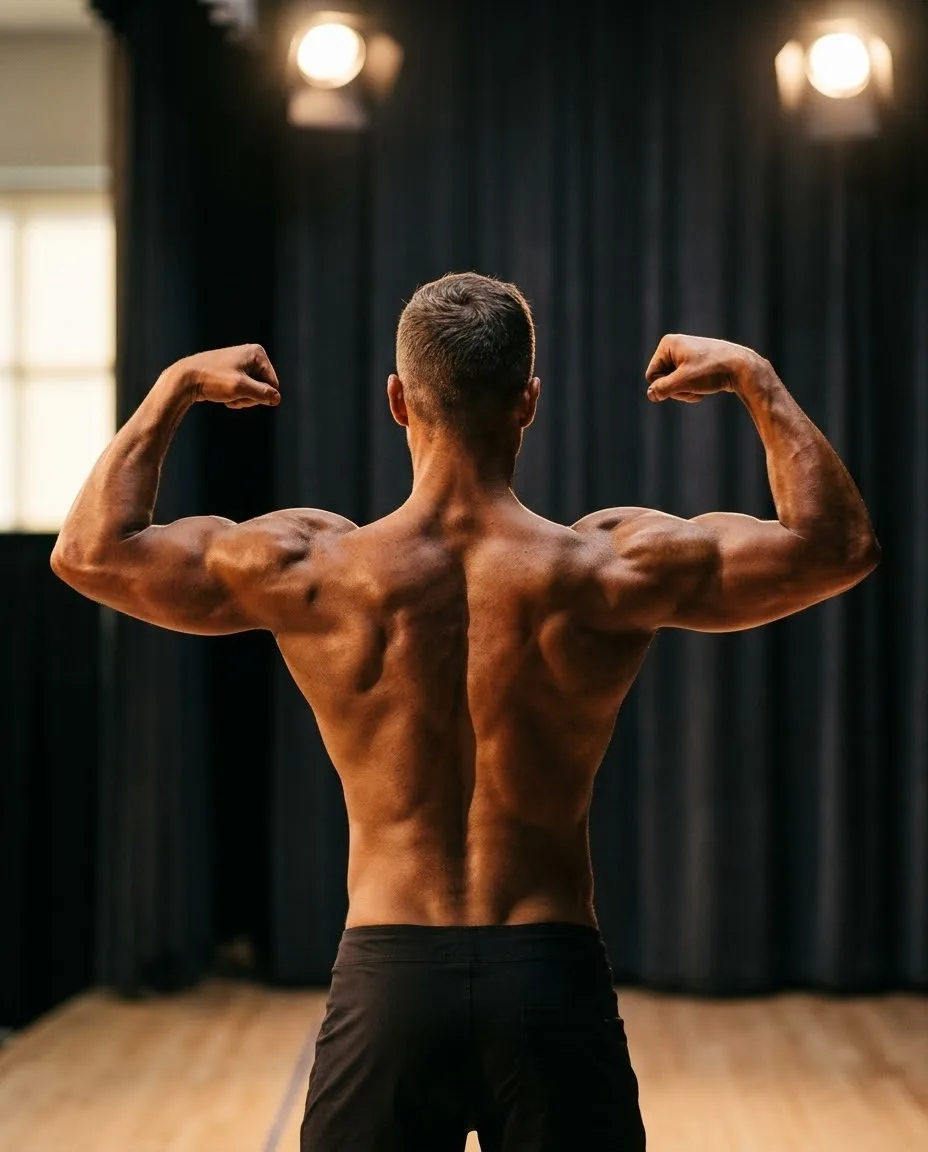 A man strikes a double-biceps pose from behind on a bare stage, his deep, even tan showing across his back