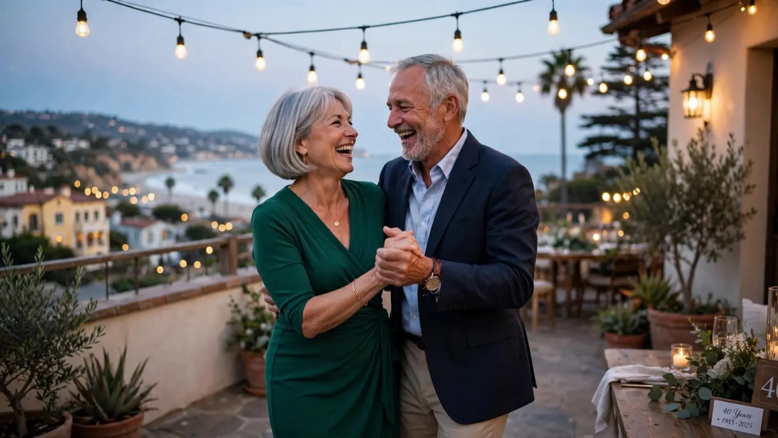 A silver-haired couple dances on a terrace under string lights above the sea