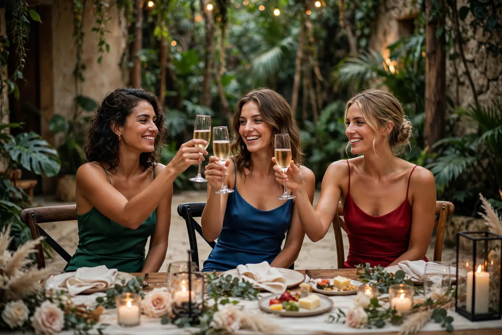 Three friends in silk dresses toast with champagne at a candlelit garden table