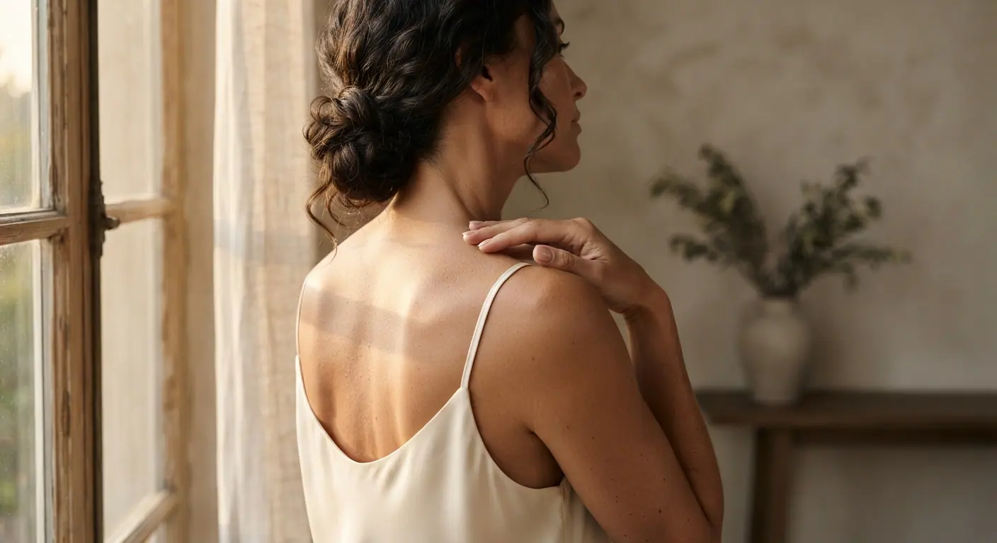 A dark-haired woman in an ivory camisole glances over her bare shoulder in soft window light