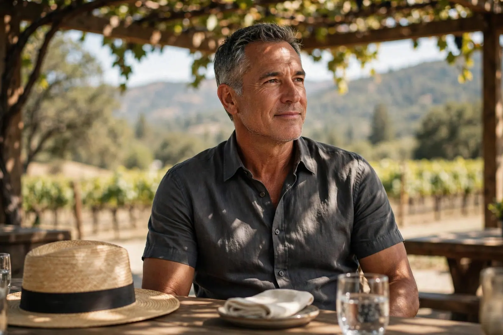A man in a short-sleeve shirt relaxes in the shade of a winery pergola
