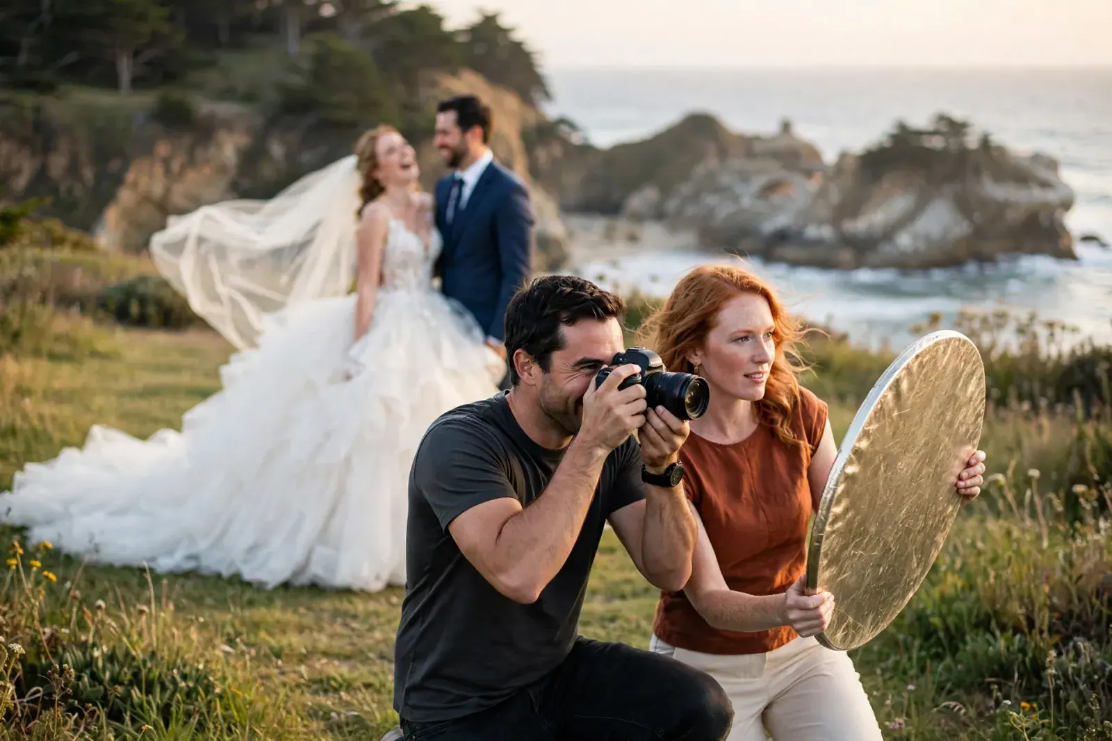 A photographer kneels to shoot a bride and groom on a coastal bluff while his assistant holds a gold reflector