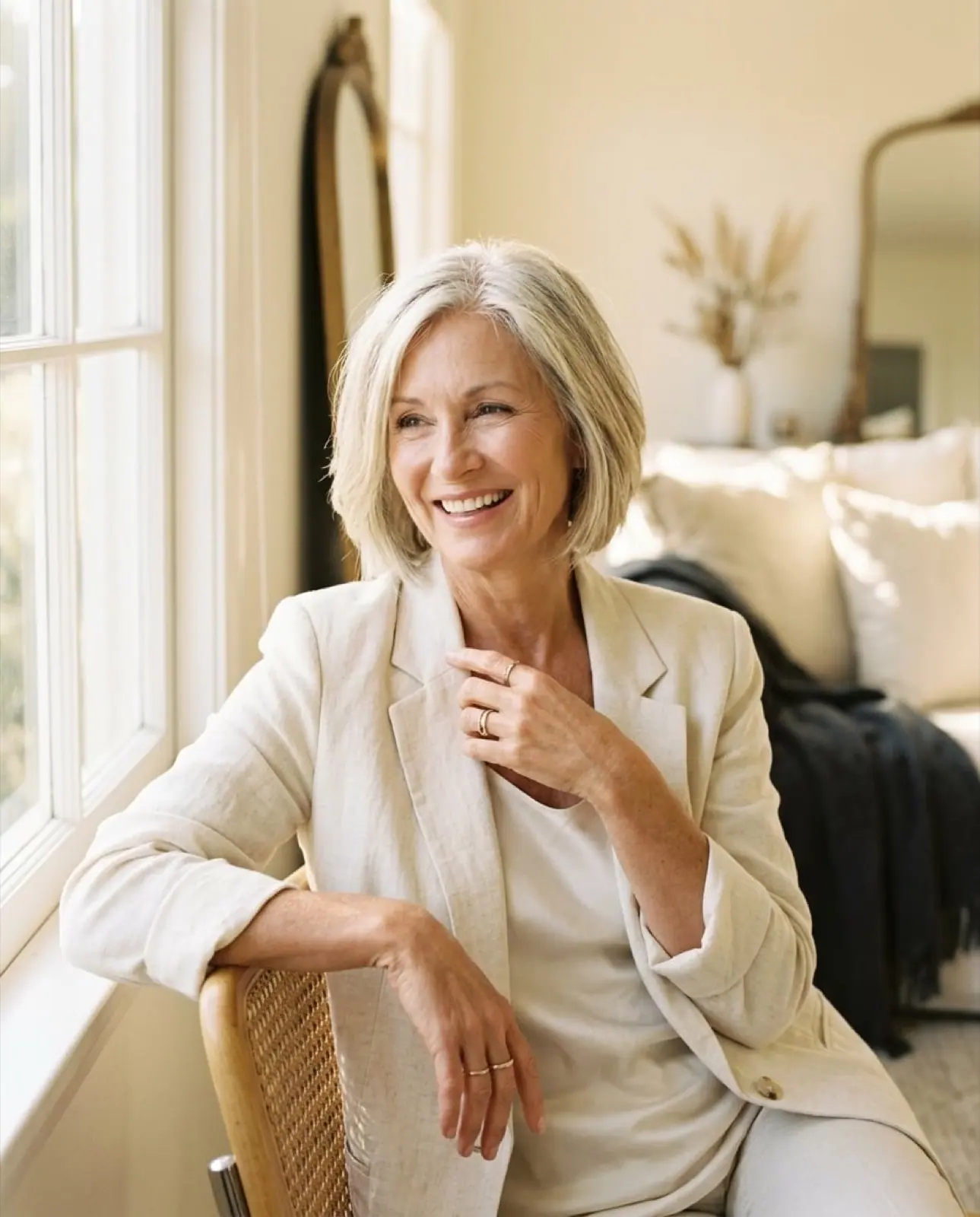 A smiling silver-haired woman in a cream blazer in a bright living room
