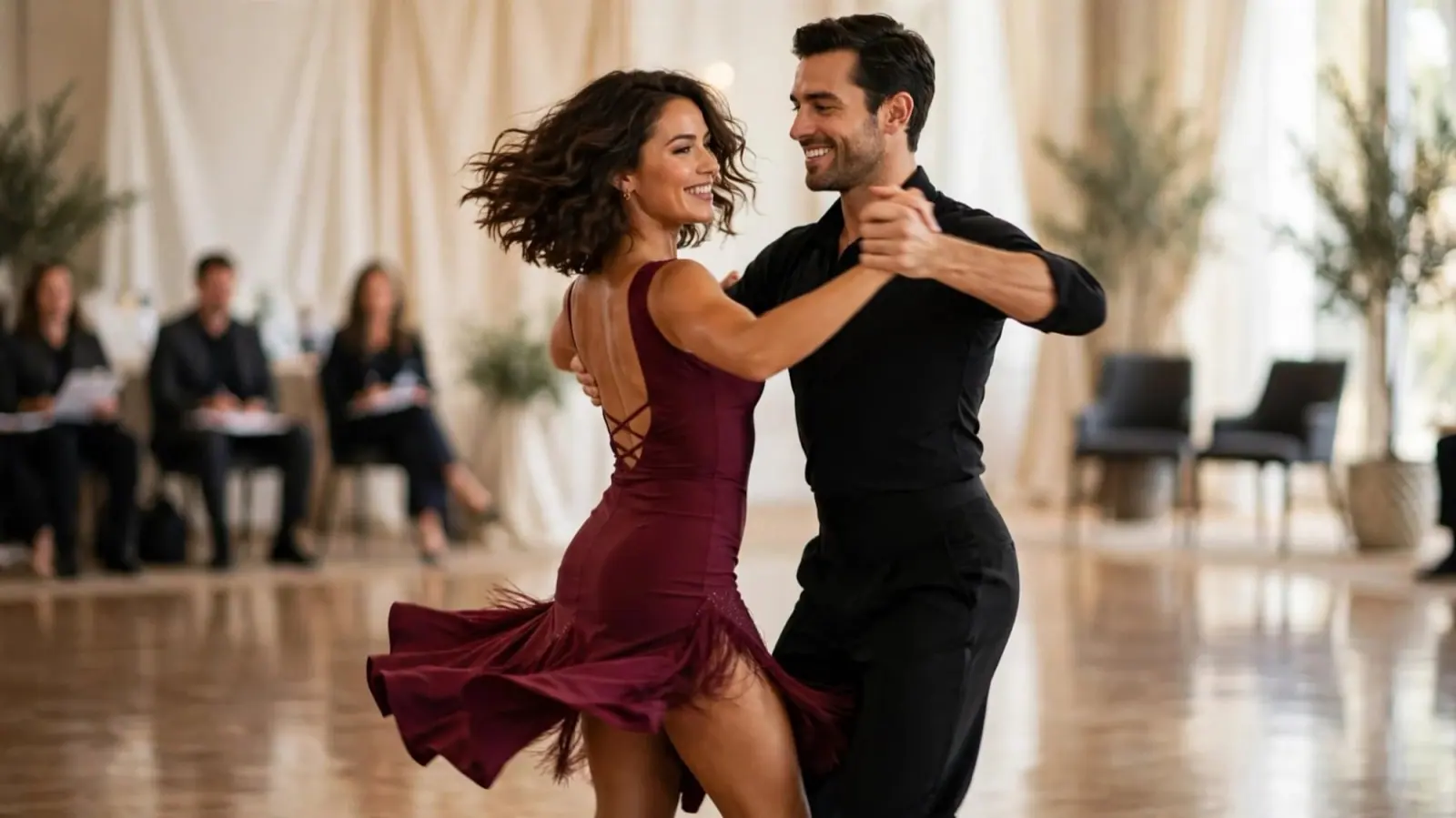 A ballroom couple mid-spin at a competition, she in a fitted burgundy dress