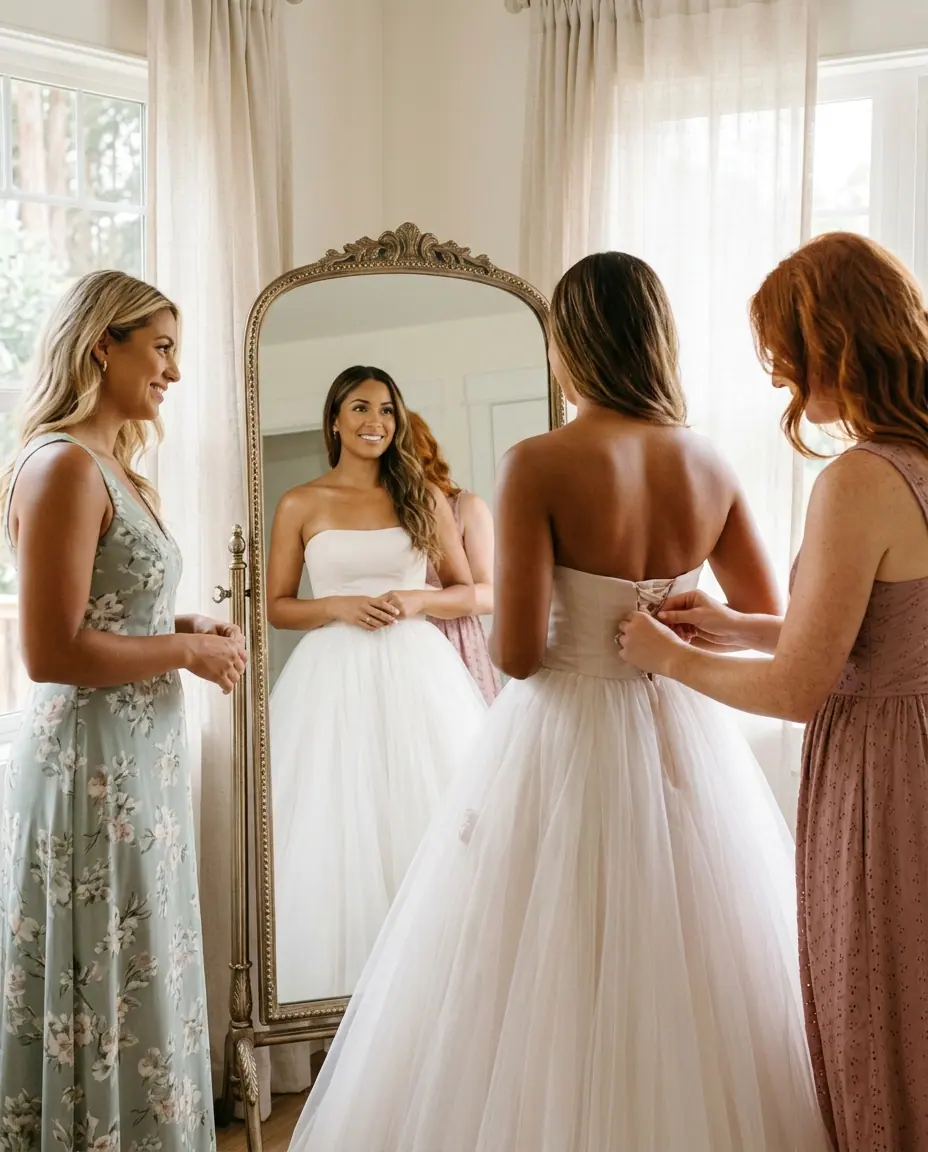 A bride in a tulle ball gown looks into a tall mirror while her bridesmaids help with her dress