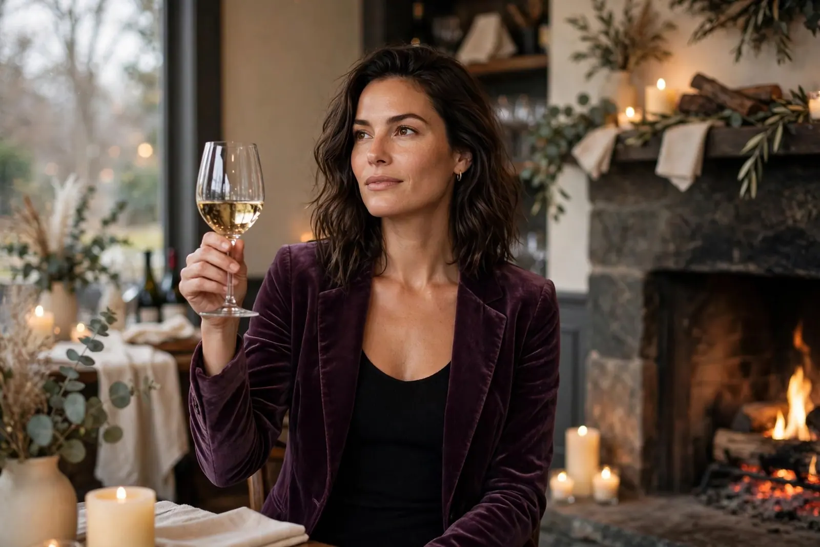 A woman in a velvet blazer raises a glass of white wine beside a crackling fireplace