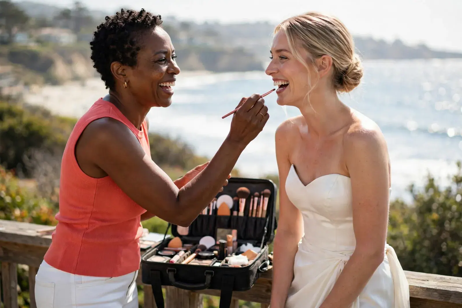 A makeup artist touches up a bride's lip on a sunny deck above the sea