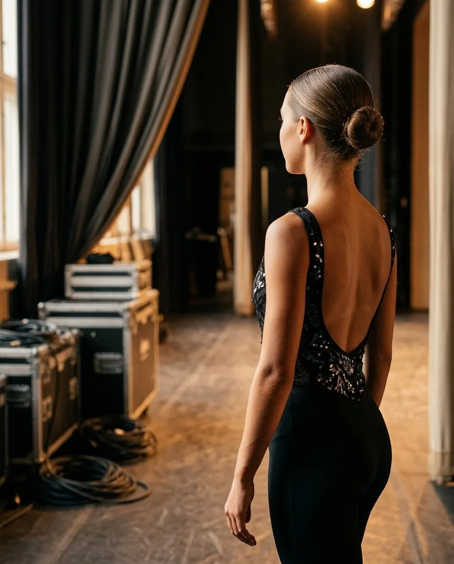 A competitor in a black sequin leotard stands in a backstage room, her shoulders and back finished with a deep, even tan