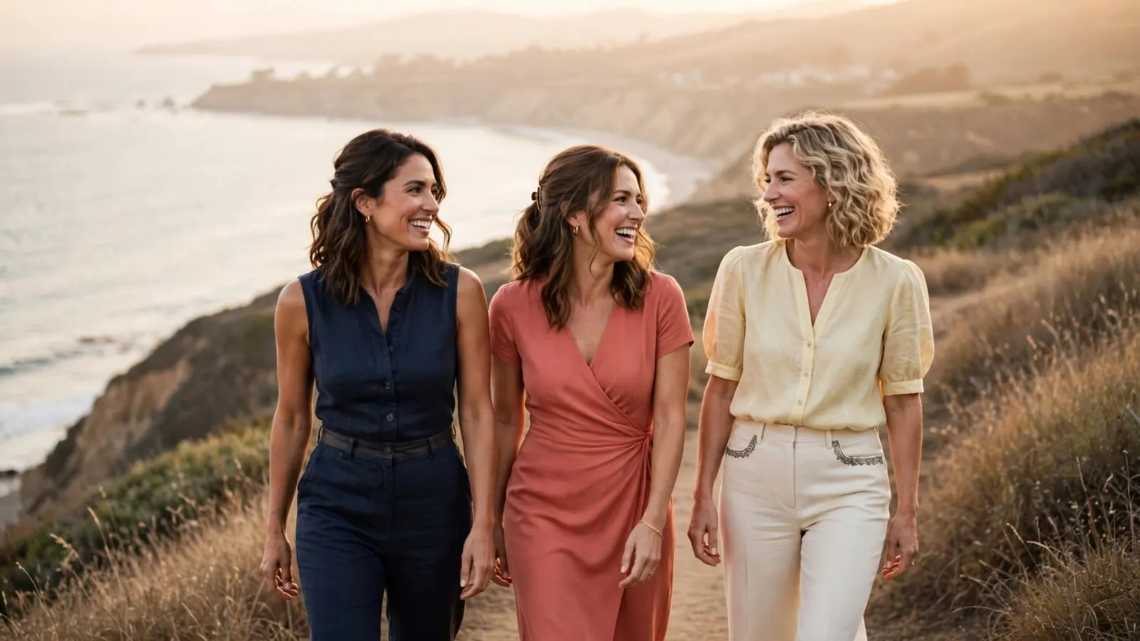 Three friends in sleeveless summer clothes laugh together on a coastal trail at golden hour