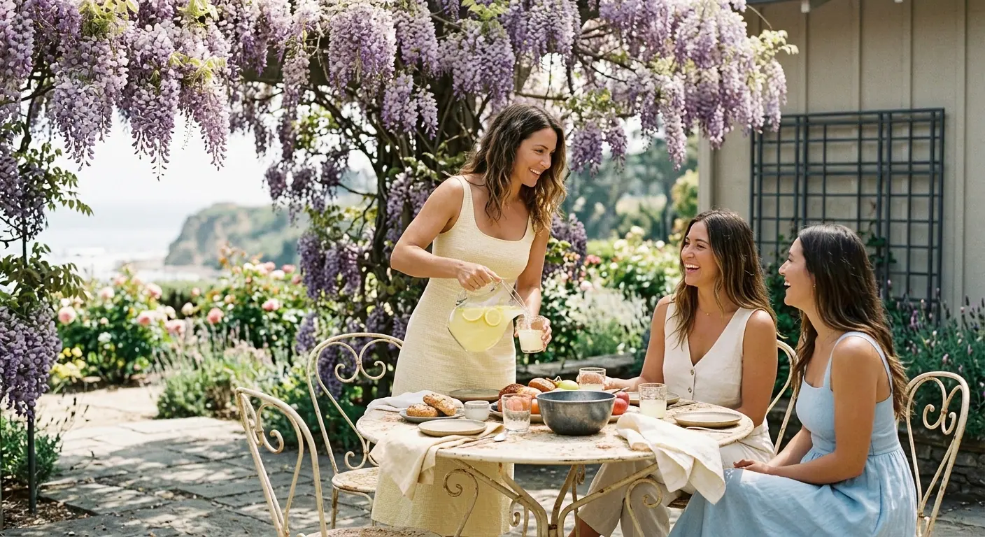 Three friends share lunch in a sunny garden under blooming wisteria