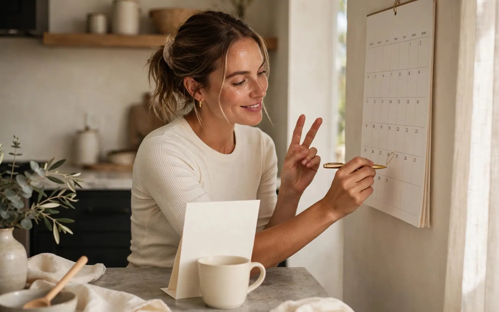 A woman laughs as she writes her plans on a wall calendar in a sunny kitchen
