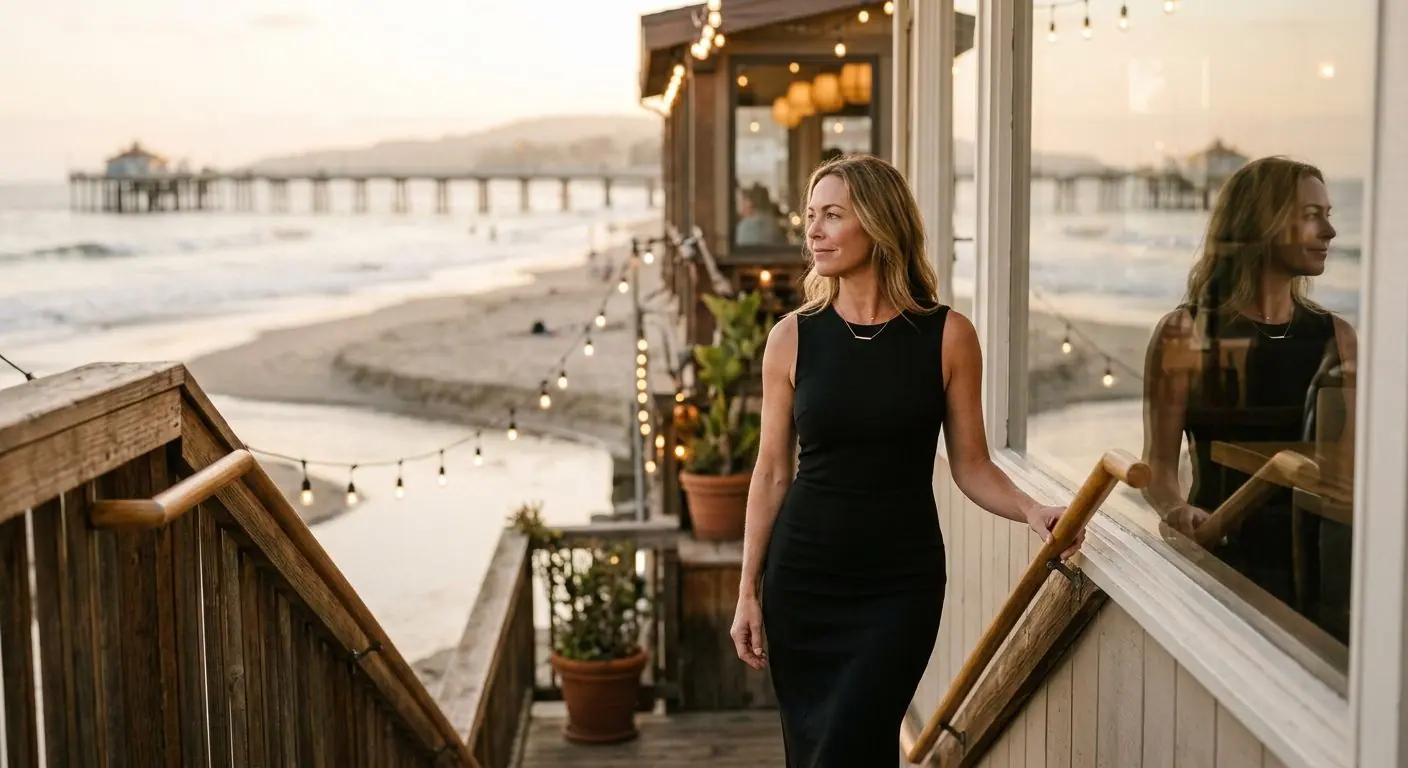 A woman in a sleeveless black dress steps out onto a beach-house deck strung with lights at sunset
