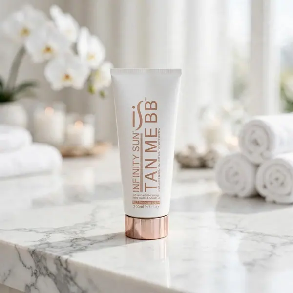 A tube of Tan Me BB Cream on a marble counter