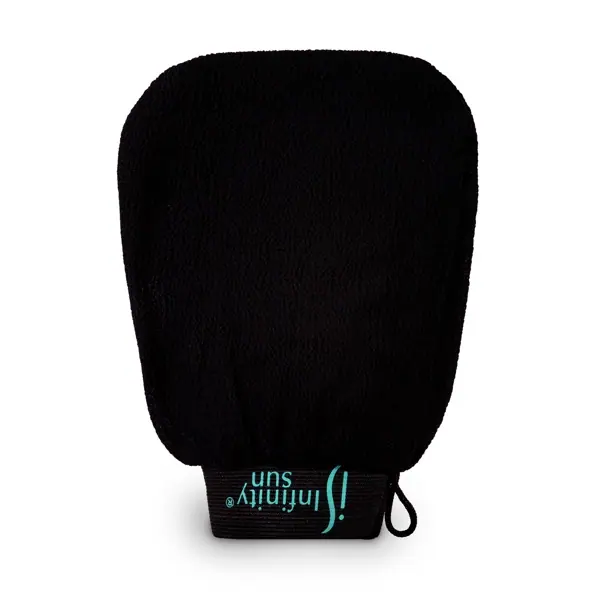 The Infinity Sun Exfoliating Mitt, a black textured glove