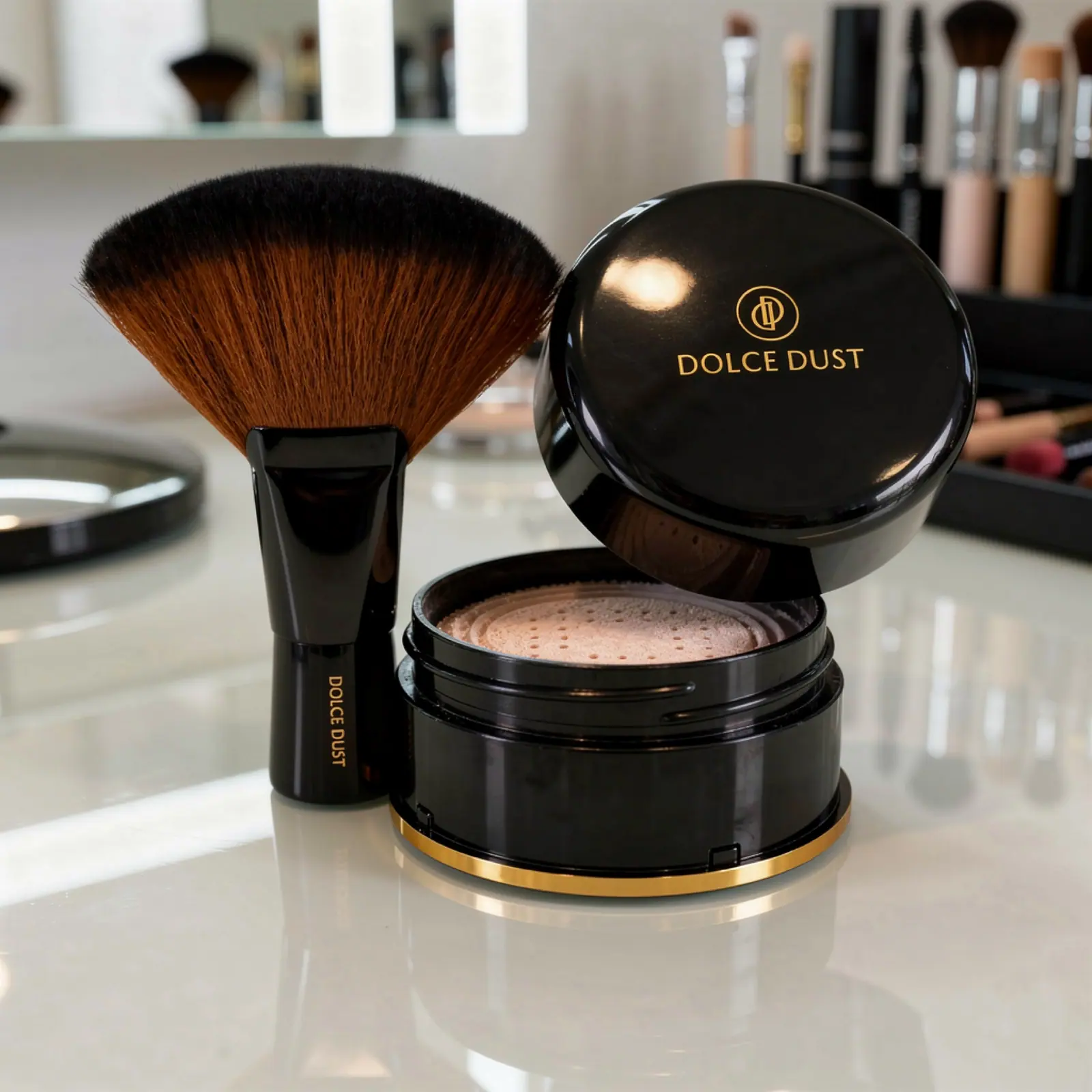 Dolce Dust finishing powder, open beside its fan brush on a white vanity