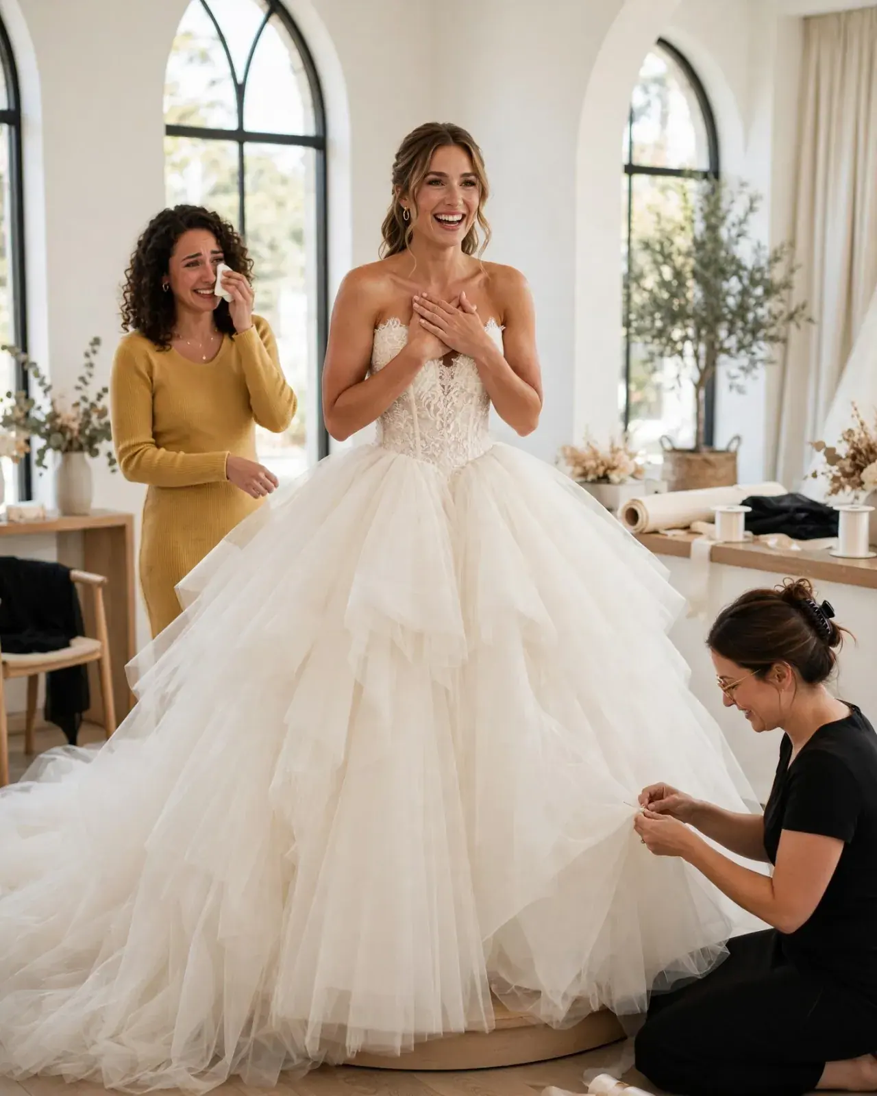 A bride in a tulle princess gown laughs at her final fitting while her sister wipes a happy tear