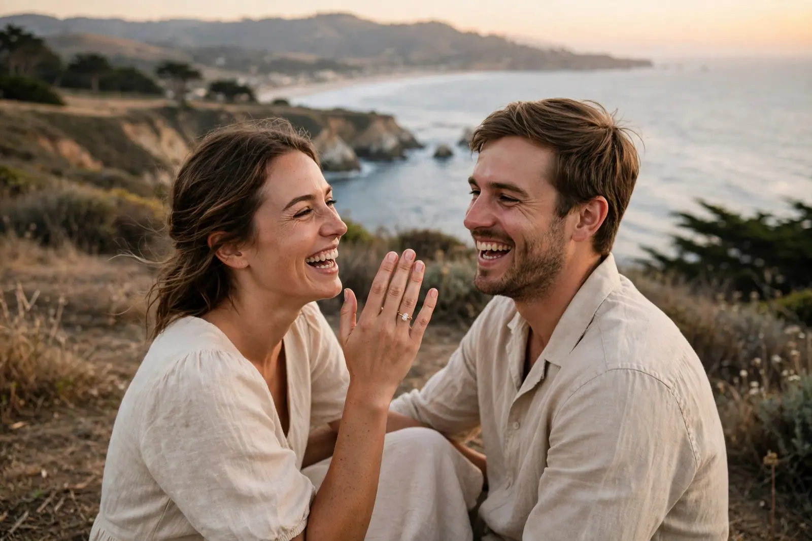 A laughing couple sits on a coastal bluff at sunset as she shows off her new ring