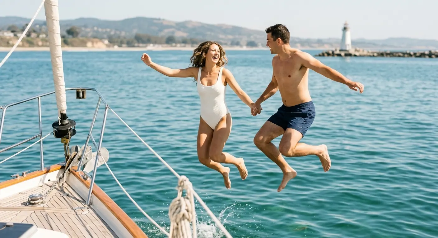 A couple leaps hand in hand off the bow of a sailboat into the bay