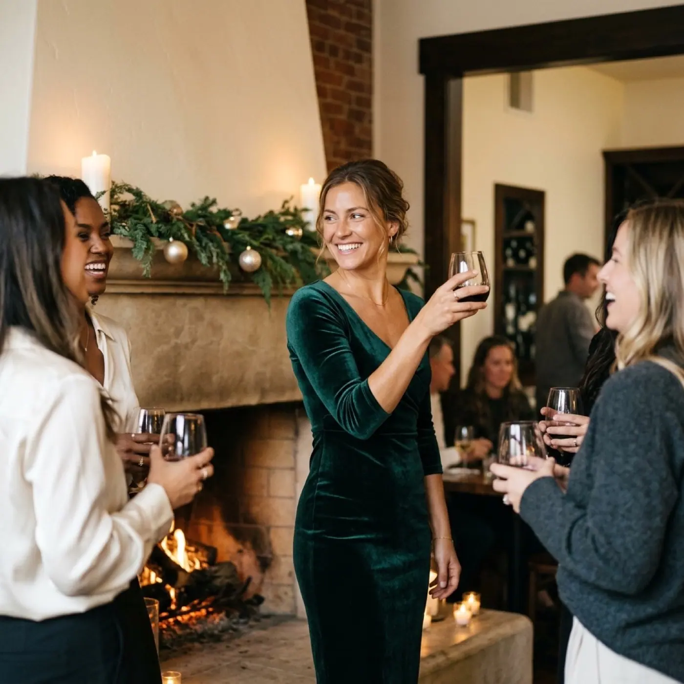 Friends in velvet and silk raise glasses of red wine by a garlanded fireplace